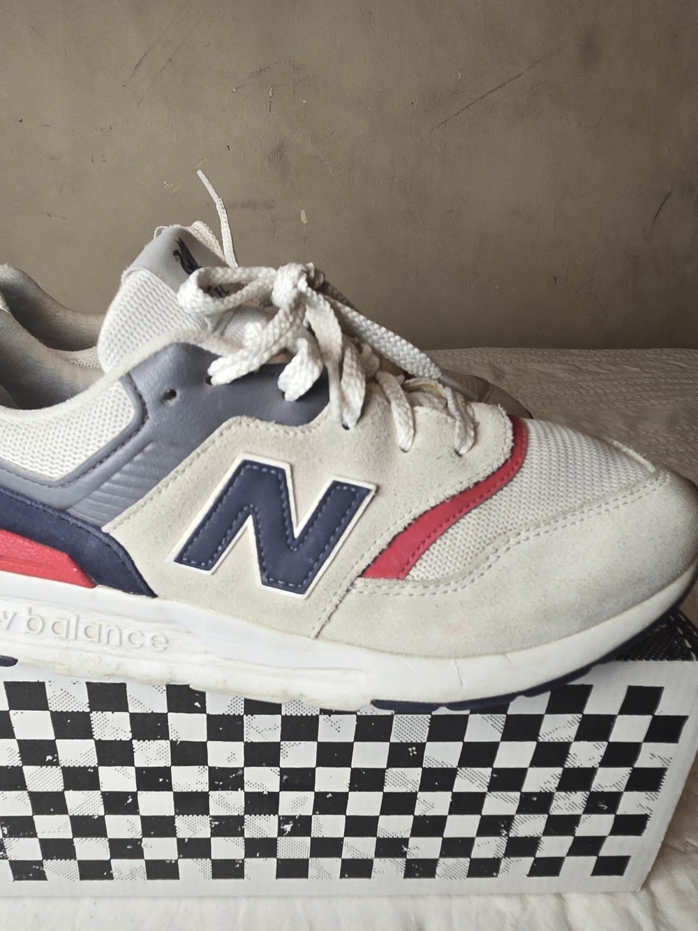 New Balance Men's Sneakers in White, Navy and Red Accent